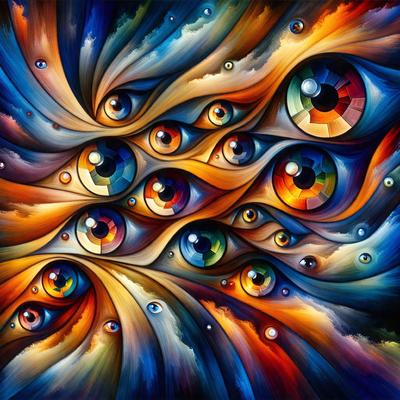 The primary subject of the image is a painting featuring a large number of eyes. The setting is a colorful and vibrant background, which adds to the overall visual style. The painting appears to be a digital art or illustration, showcasing a unique and intricate design. The dominant colors in the painting are a mix of bright and warm hues, creating a lively and engaging atmosphere.